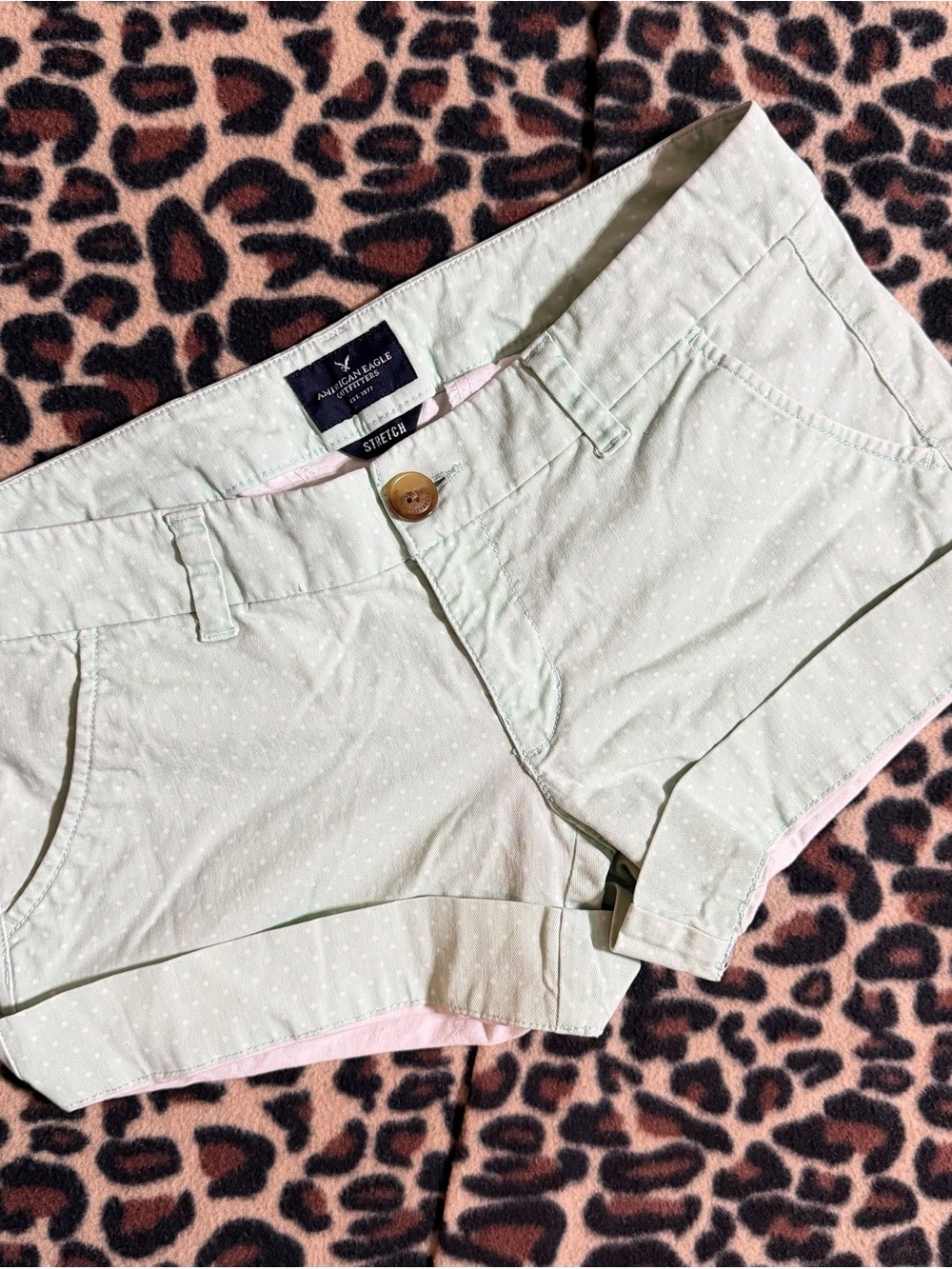 2000s vintage style American Eagle whimsical green polka dot low rise shorts